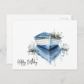 Happy Birthday Rowboat Blue Blumen Postkarte (Vorne/Hinten)