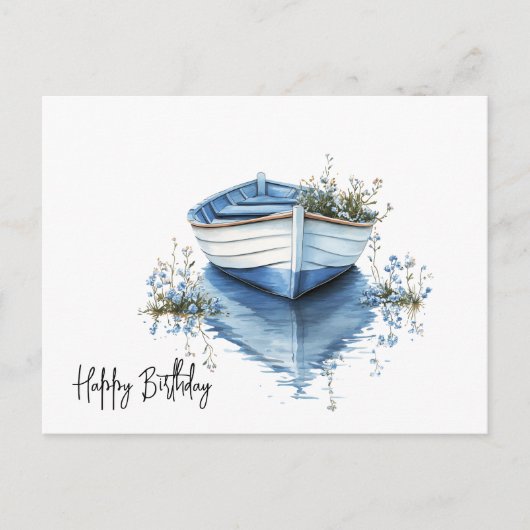 Happy Birthday Rowboat Blue Blumen Postkarte (Vorderseite)