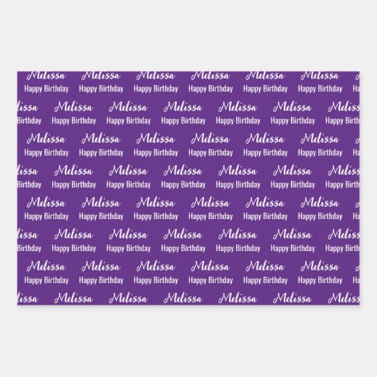 Happy Birthday Royal Lila und White Name Muster Geschenkpapier Set (Vorderseite 2)