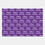 Happy Birthday Royal Lila und White Name Muster Geschenkpapier Set (Vorderseite)