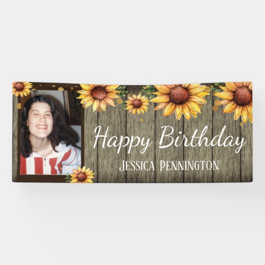 Happy Birthday Rustic Holz Sonnenblumen Ein Foto Banner (Horizontal)
