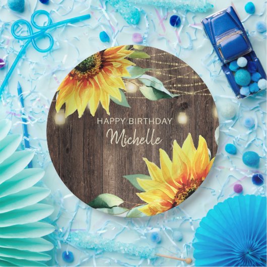 Happy Birthday Rustic Holz Sonnenblumen String Lig Pappteller (Party)