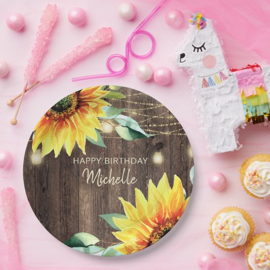 Happy Birthday Rustic Holz Sonnenblumen String Lig Pappteller (Party)