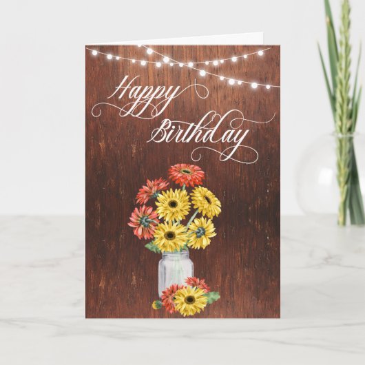 Happy Birthday Rustic Mason Jar Gerbera Daisy Karte (Vorderseite)