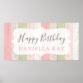 Happy Birthday Rustic Sage Green Pink Floral Wood Poster
