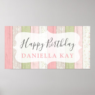 Happy Birthday Rustic Sage Green Pink Floral Wood Poster