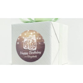 Happy Birthday Rustic Wood Mason Jar String Lights Runder Aufkleber