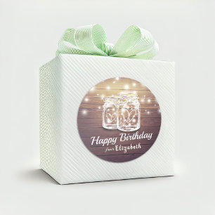 Happy Birthday Rustic Wood Mason Jar String Lights Runder Aufkleber