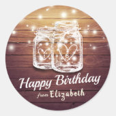 Happy Birthday Rustic Wood Mason Jar String Lights Runder Aufkleber (Vorderseite)