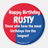 Happy Birthday RUSTY Rot/Blau Magnet (Vorne)