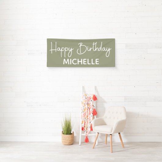 Happy Birthday Sage Green White Whimsical Script Banner (Insitu)
