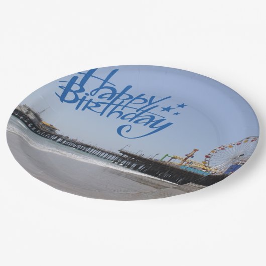 Happy Birthday Santa Monica Pier Pappteller (Schrägansicht)