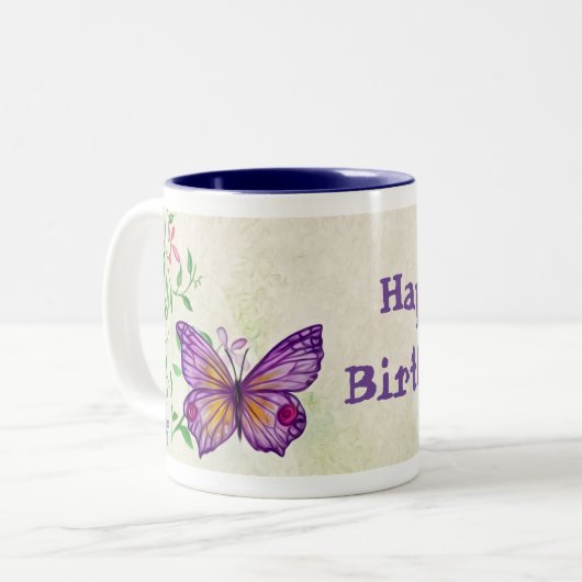 Happy Birthday Schmetterling Blume Kaffee Tasse (Vorderseite Links)