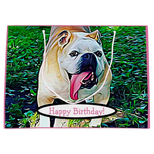 Happy Birthday schöne Bulldogge rosa Zunge Große Geschenktüte (Vorderseite)