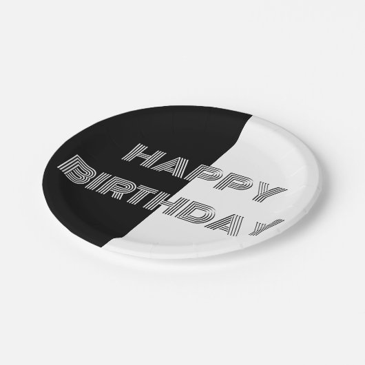 Happy Birthday Schwarz-weiß Op Art Stilvoll Cool Pappteller (Schrägansicht)