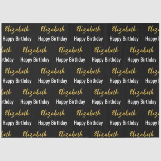 Happy Birthday Schwarz-weiß und Gold Eleganter Nam Seidenpapier (Vorderseite)