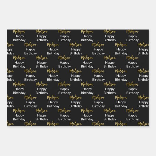 Happy Birthday Schwarz-weiß und Gold Script Name Geschenkpapier Set (Vorderseite 2)