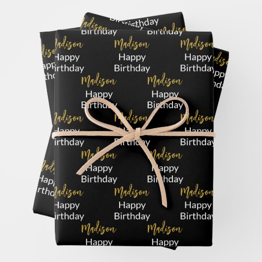 Happy Birthday Schwarz-weiß und Gold Script Name Geschenkpapier Set (Beispiel)
