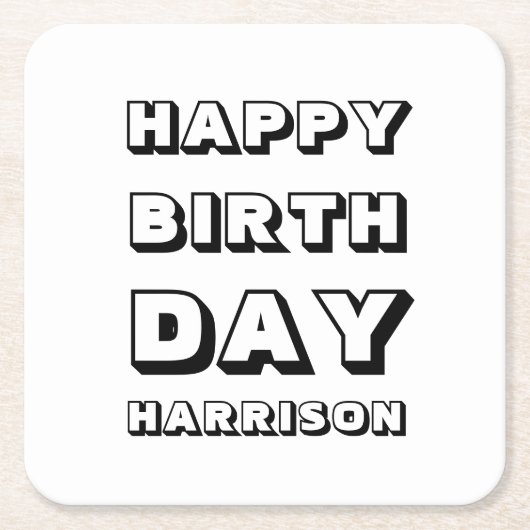 Happy Birthday Schwarz-weißer individuelle Name mo Rechteckiger Pappuntersetzer (Vorderseite)