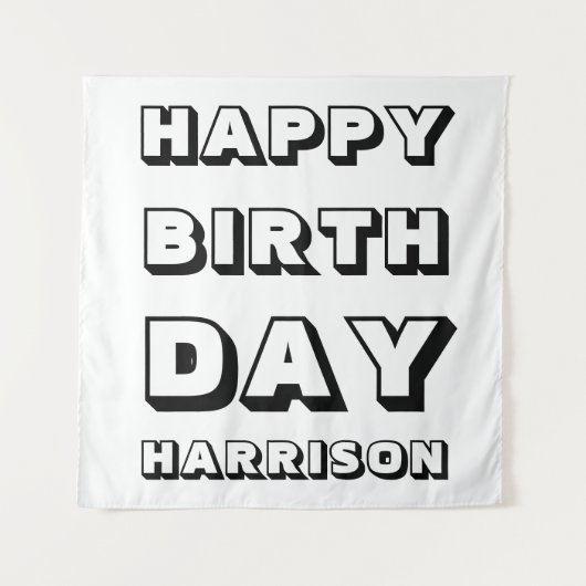 Happy Birthday Schwarz-weißer individuelle Name Mo Wandteppich (Vorderseite)