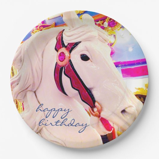 Happy Birthday Script Karneval Karussell Pferd Bol Pappteller (Vorderseite)