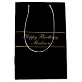 Happy Birthday Script Name Black Gold Mittlere Geschenktüte (Vorderseite)