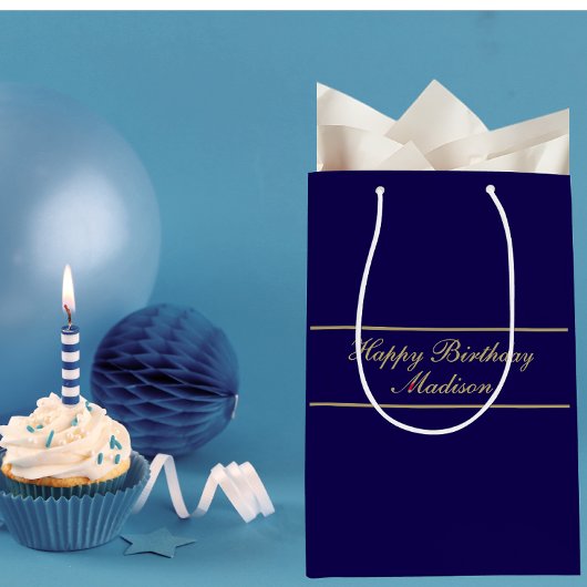 Happy Birthday Script Name Blue Gold Mittlere Geschenktüte