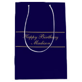 Happy Birthday Script Name Blue Gold Mittlere Geschenktüte (Vorderseite)