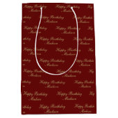 Happy Birthday Script Name Burgundy Gold Mittlere Geschenktüte (Vorderseite)