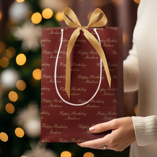 Happy Birthday Script Name Burgundy Gold Mittlere Geschenktüte