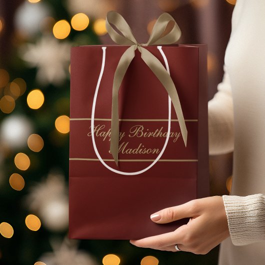 Happy Birthday Script Name Burgundy Gold Mittlere Geschenktüte