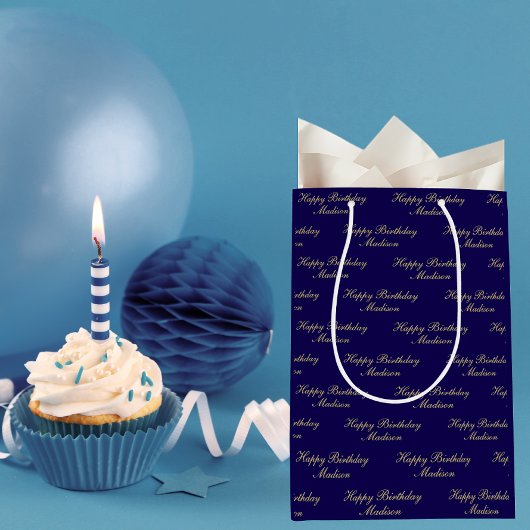 Happy Birthday Script Name Navy Blue Gold Mittlere Geschenktüte
