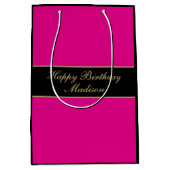 Happy Birthday Script Name Pink Black Gold Mittlere Geschenktüte (Vorderseite)