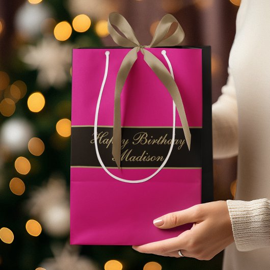 Happy Birthday Script Name Pink Black Gold Mittlere Geschenktüte