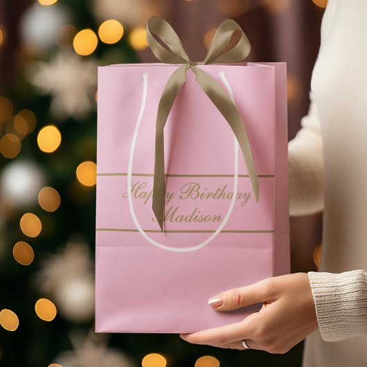 Happy Birthday Script Name Powder Pink Gold Mittlere Geschenktüte