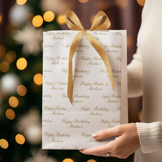 Happy Birthday Script Name White Gold Mittlere Geschenktüte