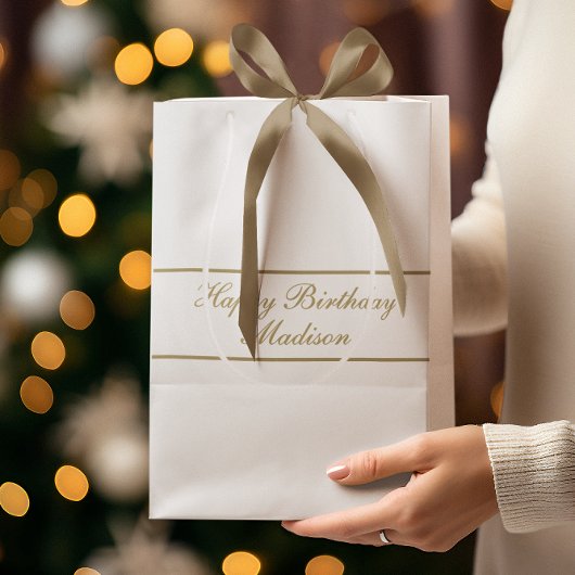 Happy Birthday Script Name White Gold Mittlere Geschenktüte
