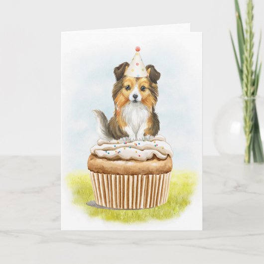 Happy Birthday Sheltie Pup Cake Birthday Card Dankeskarte (Vorderseite)