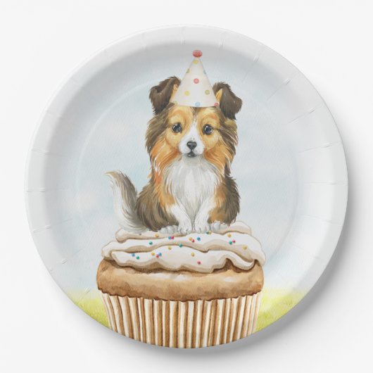 Happy Birthday Sheltie Pup Cake Pappteller (Vorderseite)