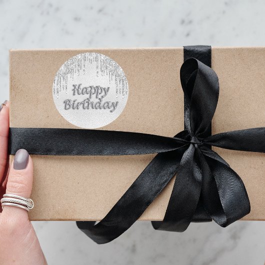 Happy Birthday Silber Glitzer Tropfen Metal Runder Aufkleber