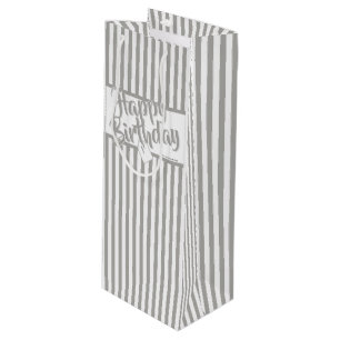 Happy Birthday Silver Gray/White Simple Stripes Geschenktüte Für Weinflaschen