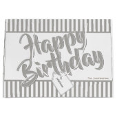 Happy Birthday Silver Gray/White Simple Stripes Große Geschenktüte (Vorderseite)