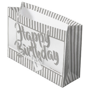 Happy Birthday Silver Gray/White Simple Stripes Große Geschenktüte