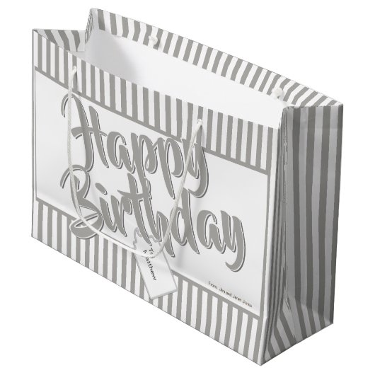 Happy Birthday Silver Gray/White Simple Stripes Große Geschenktüte (Vorderseite Schrägansicht)