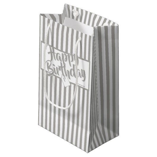 Happy Birthday Silver Gray/White Simple Stripes Kleine Geschenktüte (Vorderseite Schrägansicht)