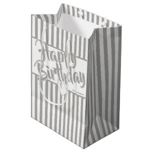 Happy Birthday Silver Gray/White Simple Stripes Mittlere Geschenktüte