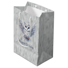 Happy Birthday Silver Owl on Grau Mittlere Geschenktüte