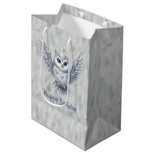 Happy Birthday Silver Owl on Grau Mittlere Geschenktüte