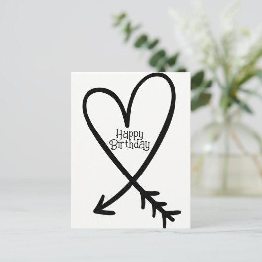 Happy Birthday Simple Heart Arrow Black Text Postkarte (Stehend Vorderseite)