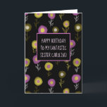 Happy Birthday Sister Dark Floral Girly Name Dankeskarte<br><div class="desc">Personalisiert Happy Birthday Card für Schwestern mit einem gürtelschwarzen Blumendesign aus digital gezeichnet abstrakten Blume mit runden Formen in Gelb und Rosa. Dieses dekorative Blumendesign bringt Sie in die Frühlingssaison.</div>